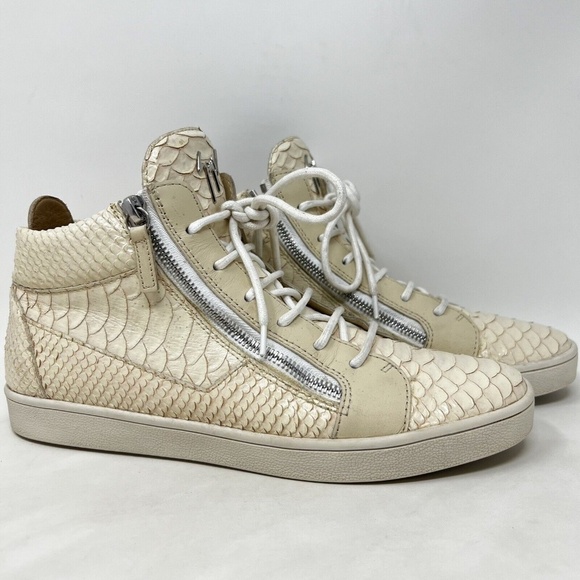 Giuseppe Zanotti Cream Python Embossed Leather Double Zip High Top Sneakers 40 - Picture 1 of 13